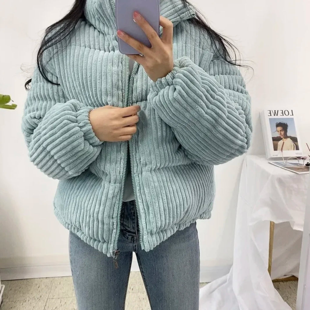 Corduroy Winter Jacket – Women’s Loose Fit Stand Collar Cotton Coat Soft Warm Streetwear