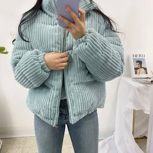 Corduroy Winter Jacket – Women’s Loose Fit Stand Collar Cotton Coat Soft Warm Streetwear