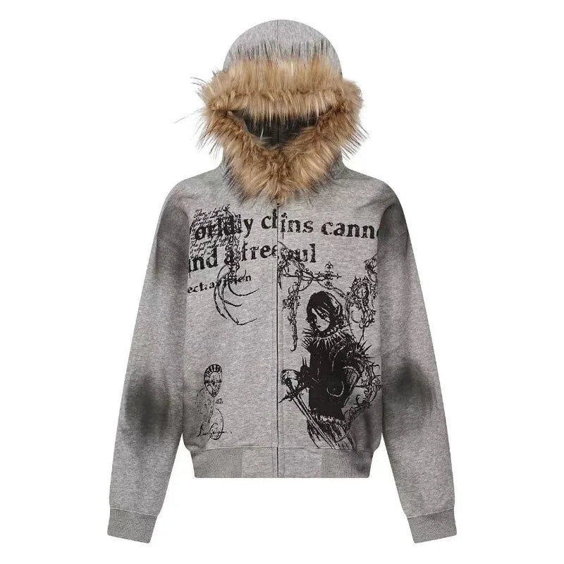 Zip-Up Fur Hoodie  – Korean Retro Oversized Fur Collar Streetwear