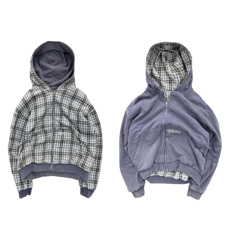 Hooded Cardigan Sweatshirt – Y2K Punk Zip-Up Streetwear with Embroidery