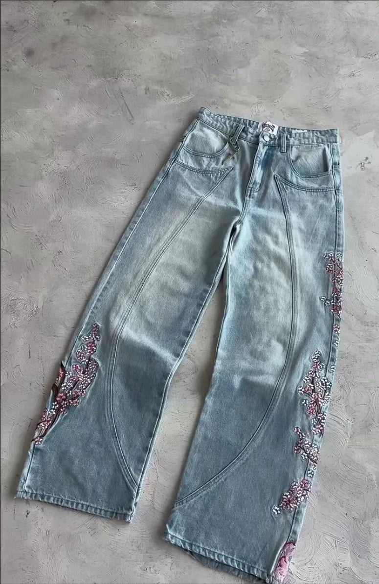 Denim Jeans – Vintage Cherry Blossom Embroidered Straight-Leg Blue Wash Streetwear Pants