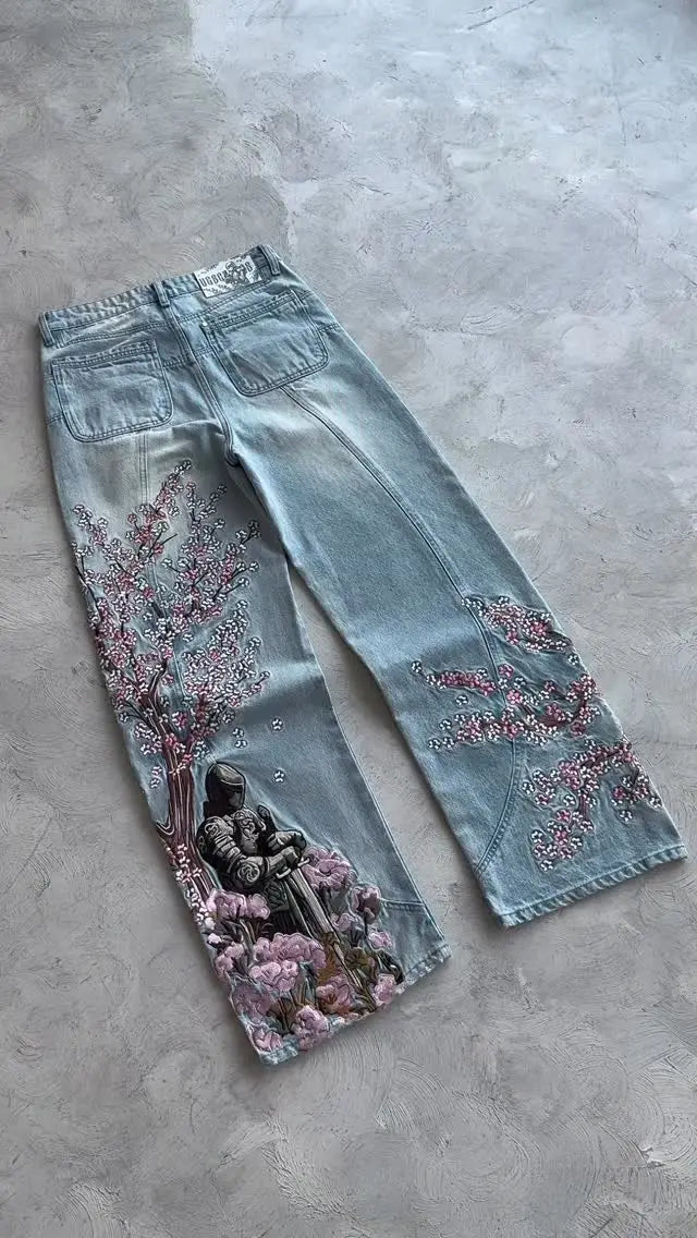 Denim Jeans – Vintage Cherry Blossom Embroidered Straight-Leg Blue Wash Streetwear Pants