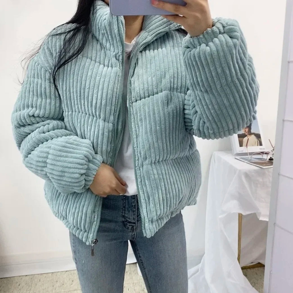 Corduroy Winter Jacket – Women’s Loose Fit Stand Collar Cotton Coat Soft Warm Streetwear