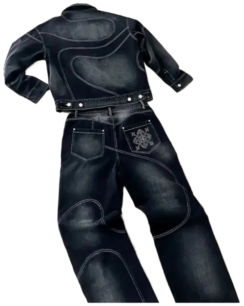 Denim Set – Vintage Hip Hop Striped Embroidered Streetwear