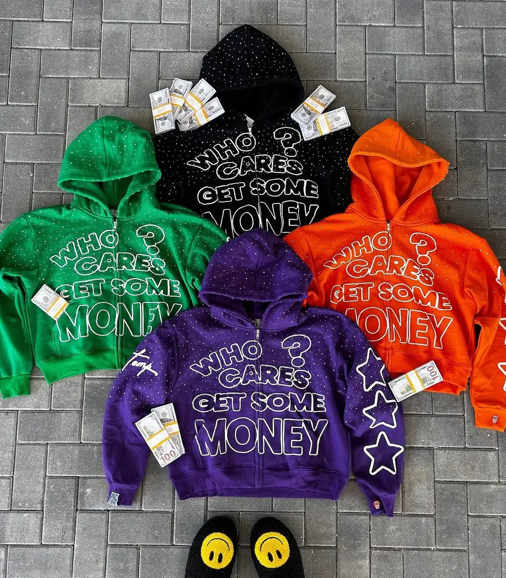 Harajuku Zipper Hoodie – “Get Some Money” Hip Hop Goth Streetwear Coat