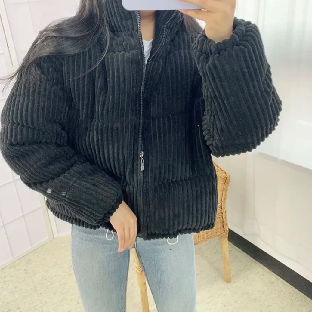 Corduroy Winter Jacket – Women’s Loose Fit Stand Collar Cotton Coat Soft Warm Streetwear