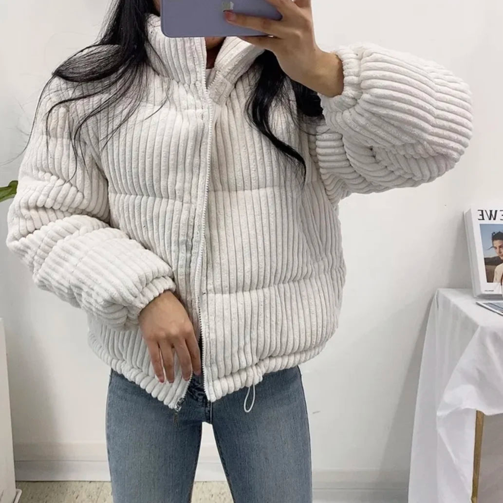 Corduroy Winter Jacket – Women’s Loose Fit Stand Collar Cotton Coat Soft Warm Streetwear