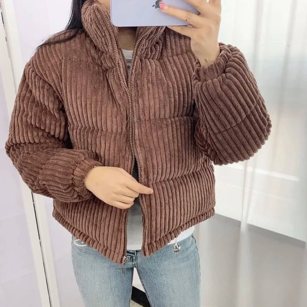 Corduroy Winter Jacket – Women’s Loose Fit Stand Collar Cotton Coat Soft Warm Streetwear