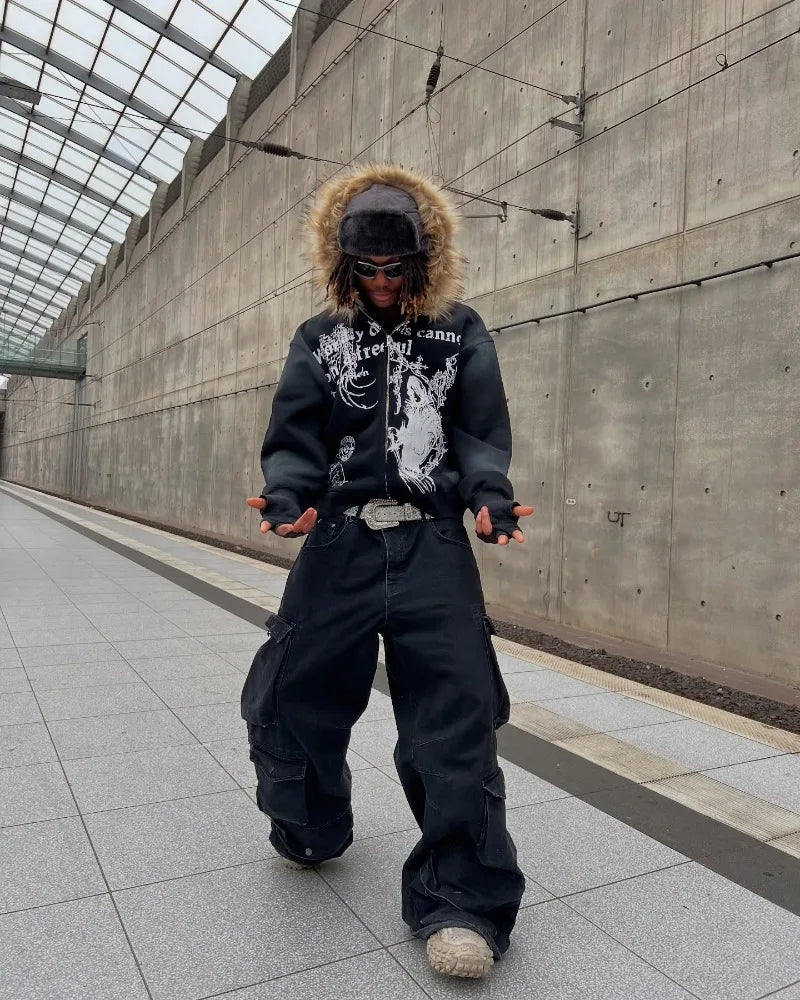 Zip-Up Fur Hoodie  – Korean Retro Oversized Fur Collar Streetwear