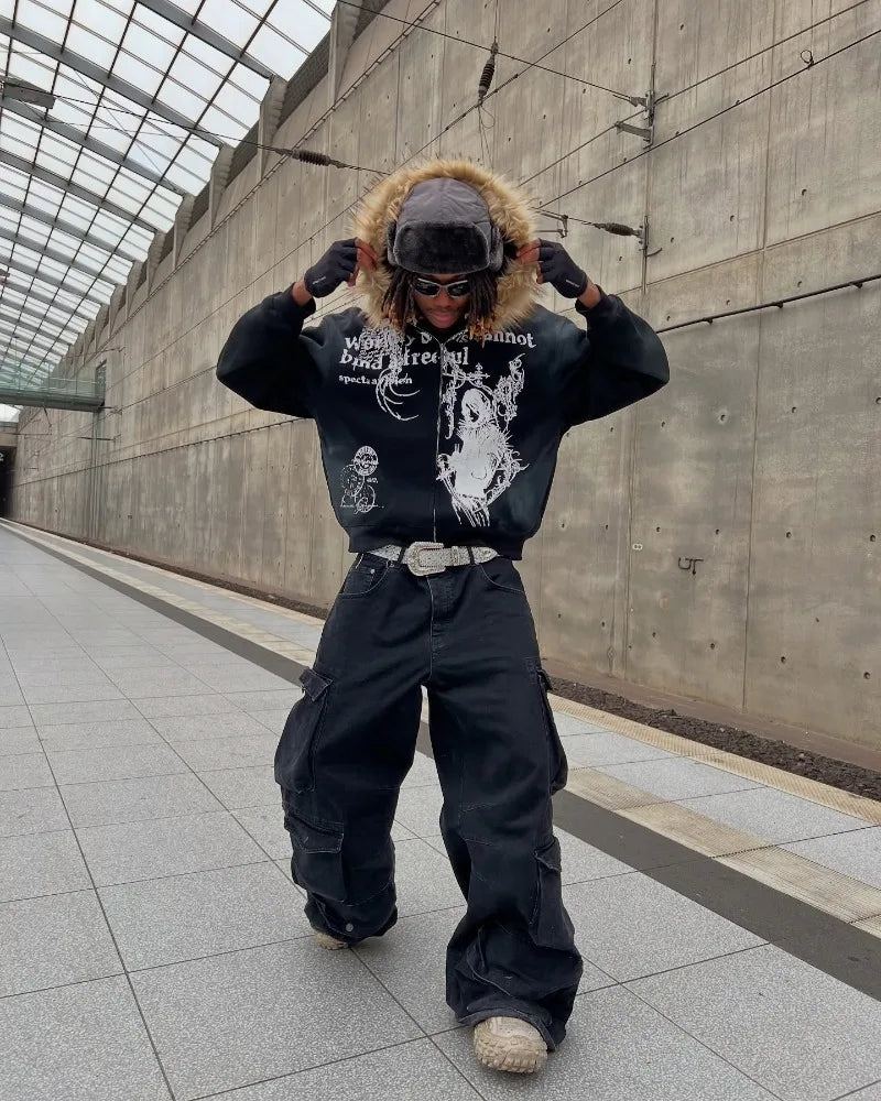 Zip-Up Fur Hoodie  – Korean Retro Oversized Fur Collar Streetwear