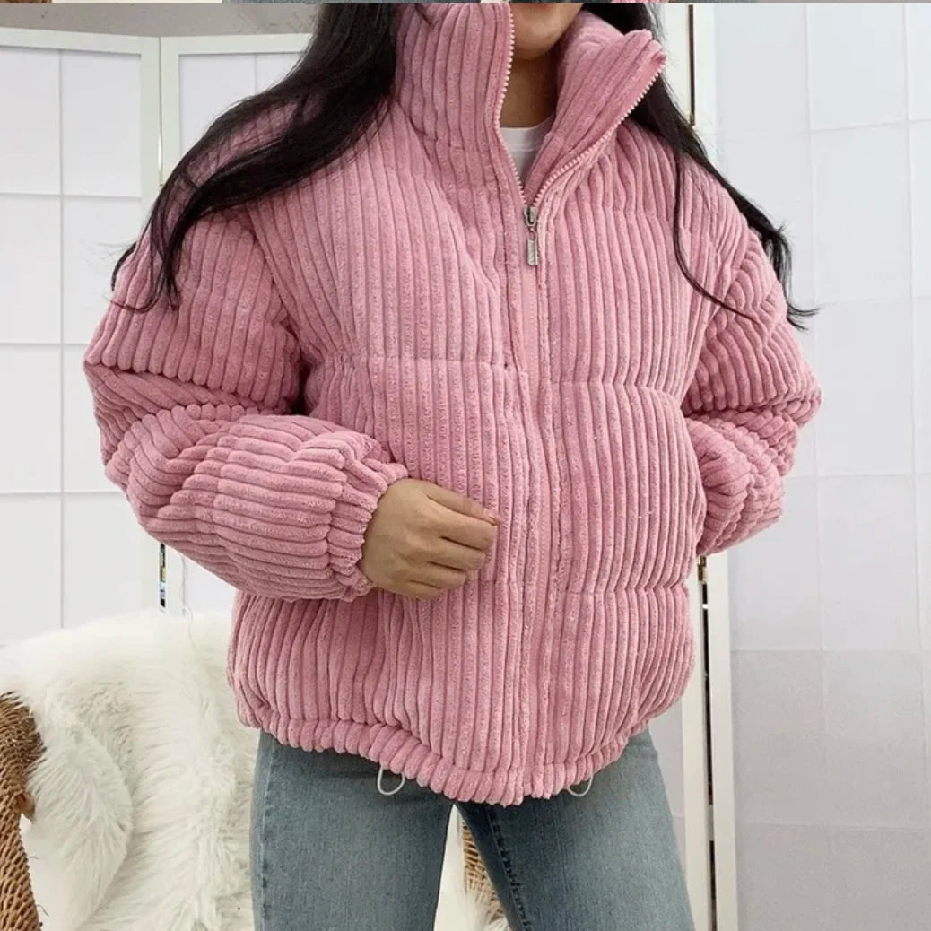 Corduroy Winter Jacket – Women’s Loose Fit Stand Collar Cotton Coat Soft Warm Streetwear