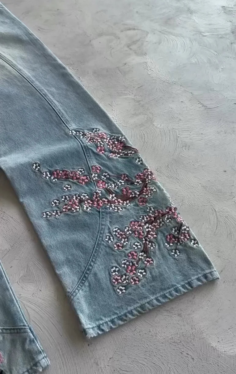 Denim Jeans – Vintage Cherry Blossom Embroidered Straight-Leg Blue Wash Streetwear Pants