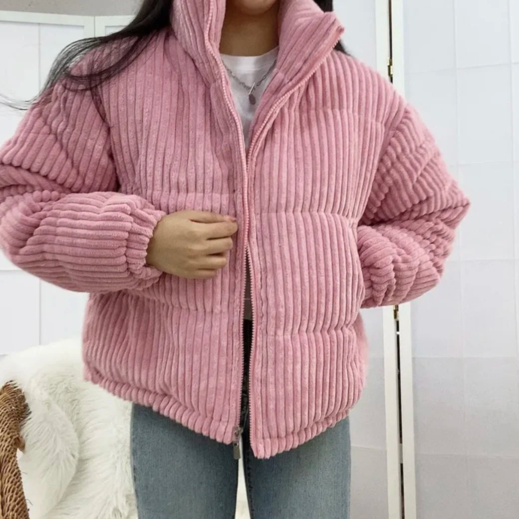 Corduroy Winter Jacket – Women’s Loose Fit Stand Collar Cotton Coat Soft Warm Streetwear