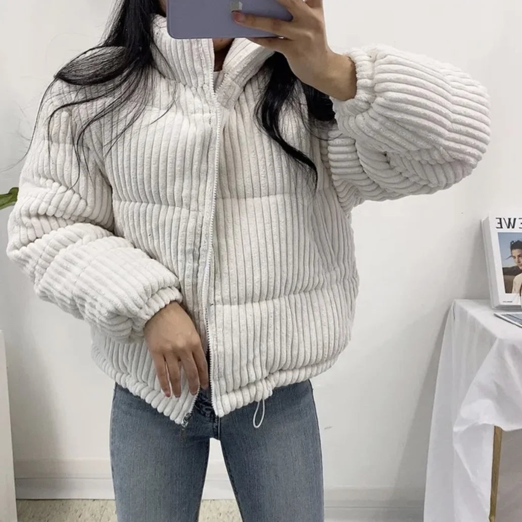 Corduroy Winter Jacket – Women’s Loose Fit Stand Collar Cotton Coat Soft Warm Streetwear