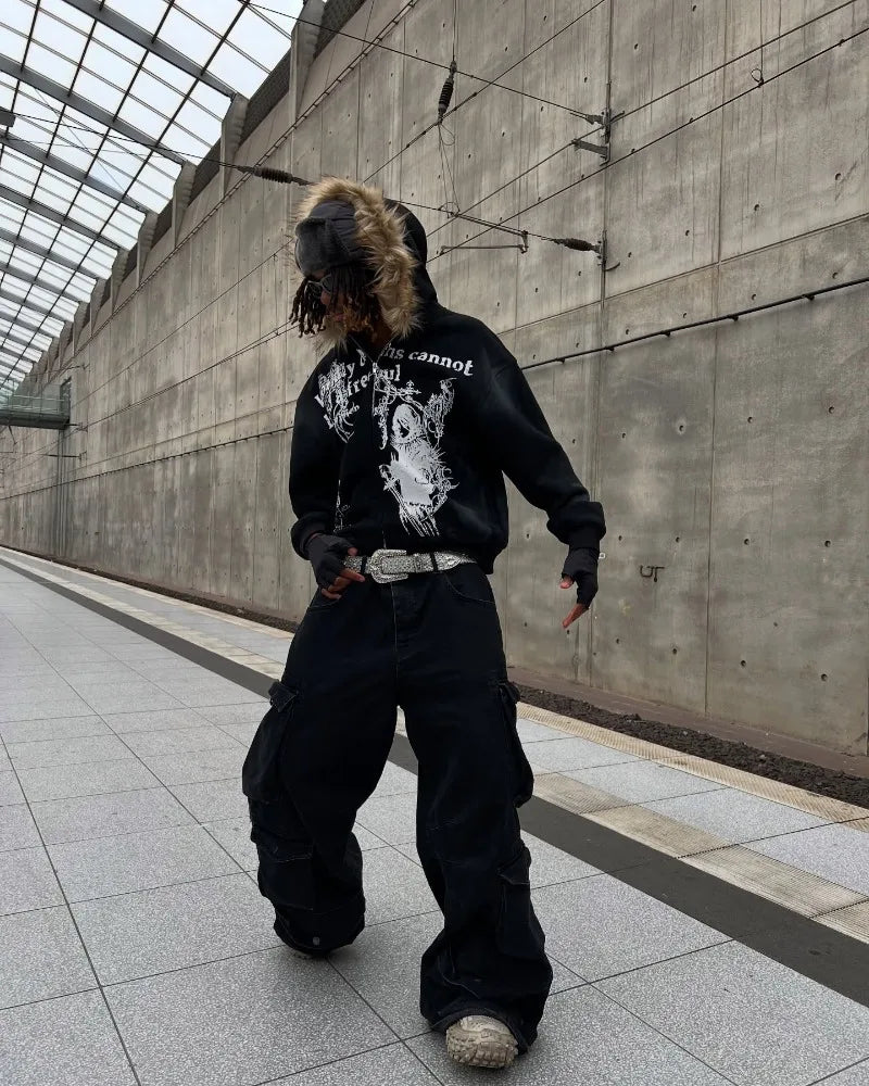 Zip-Up Fur Hoodie  – Korean Retro Oversized Fur Collar Streetwear